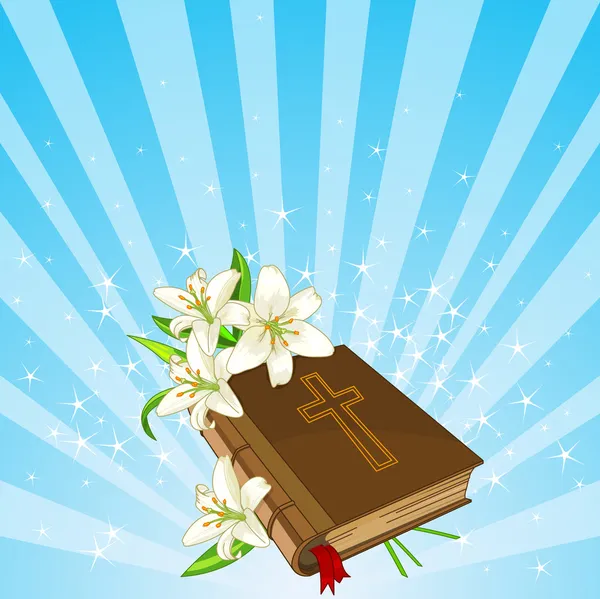 Biblia y flores de lirio fondo — Vector de stock