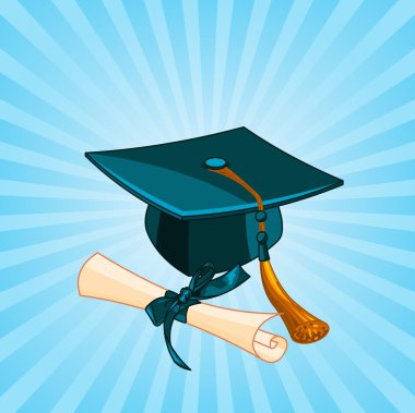 Graduation cap and diploma radial background clipart