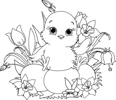 Happy Easter chick. Coloring page vector