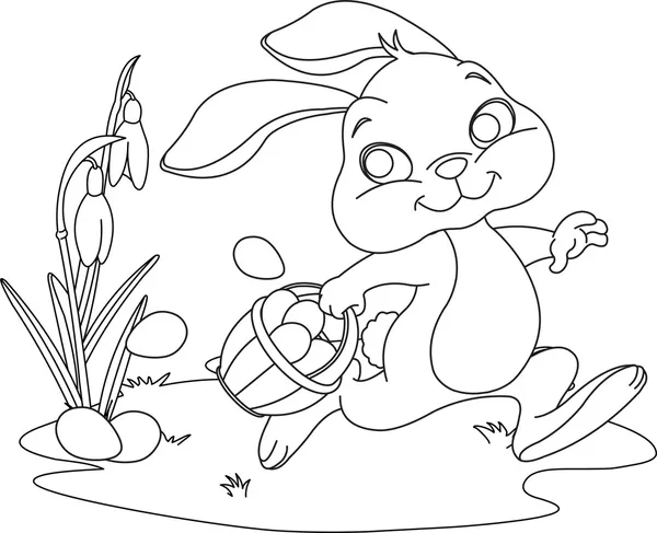 Easter Bunny Hiding Eggs. Coloring page — Stock Vector