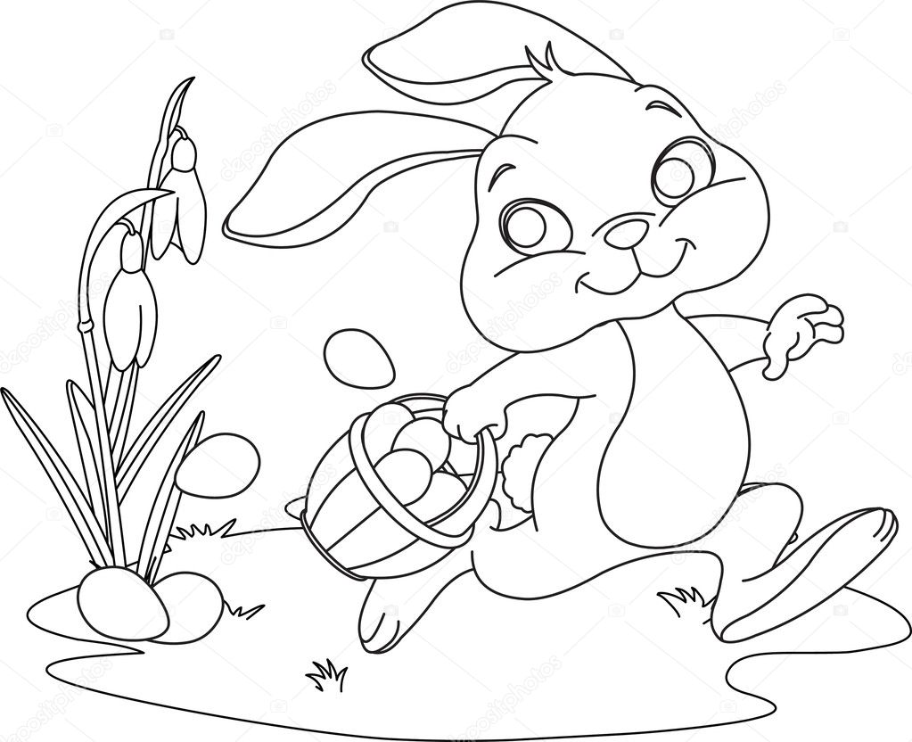 Cute Easter Bunny Hiding Eggs Coloring page — Vector by Dazdraperma