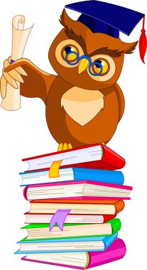 Cartoon Wise Owl with graduation cap and diploma clipart