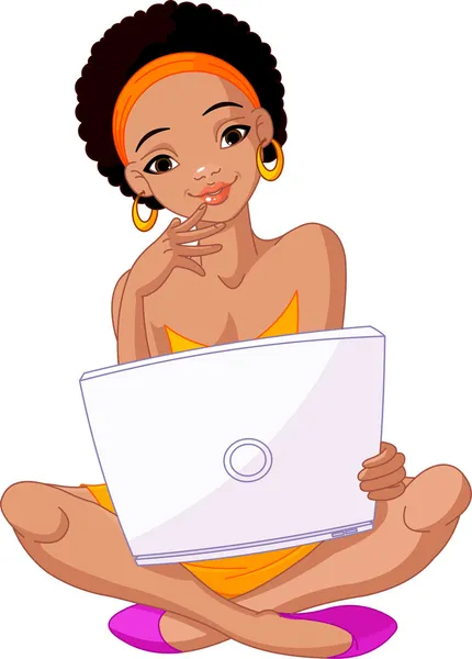 Jonge Afrikaanse vrouw zittend op kussen met laptop — Stockvector