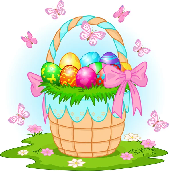 Cesta de Pascua con huevos coloridos — Vector de stock