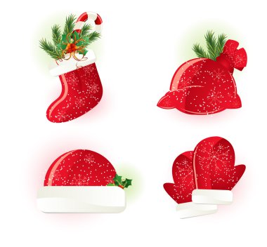 Christmas set 4 (santa's hat, boot, mittens, bag). clipart