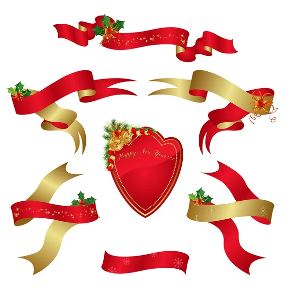 Set red banners with holly for christmas decoration. — Stock Vector