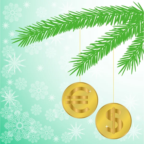 Christmas tree branch with coins — Stock Vector