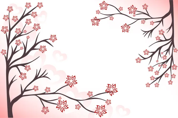 ピンク開花枝との心の抽象的な背景 — ストックベクタ
