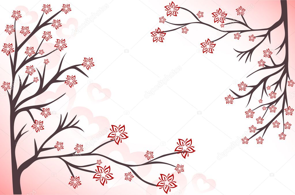 Abstract background with pink flowering branches and hearts