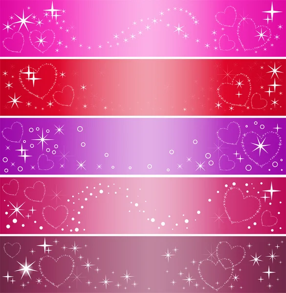 Reeks Van Vijf Kleurrijke Banner Met Hartjes Sparkles — Stockvector