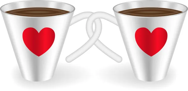 Zwei Tassen Mit Verflochtenen Henkeln Die Mit Herzen Verziert Sind — Stockvektor