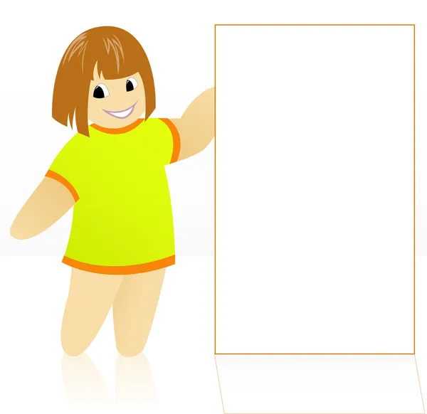 一种黄色的卡通女孩穿衣服抱着一个大的白色海报 — 图库矢量图片