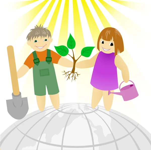 男孩与一个女孩站在一个圆形的地球上 — 图库矢量图片