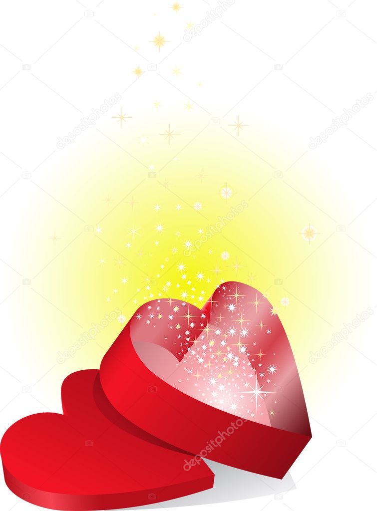 Red open box in the shape of a heart from which flows a flickering light