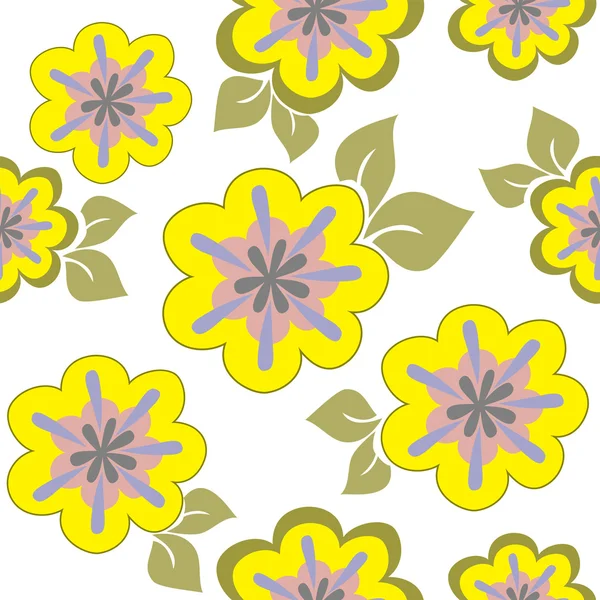 黄色の花のシームレスなパターンはカオス 白い背景上に配置 — ストックベクタ
