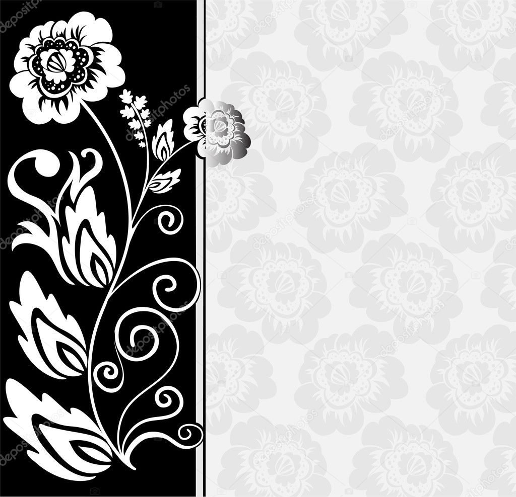 Abstract black and white background with flowers and floral elements