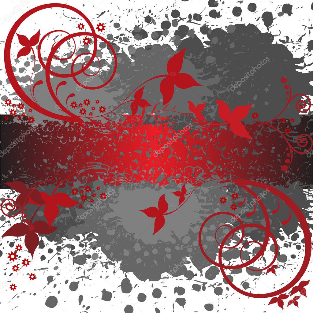 Abstract spattered gray background with red floral elements