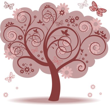 Fantasy tree with red leaves and butterflies clipart