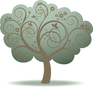 Fantasy green tree and flowers in whorls clipart