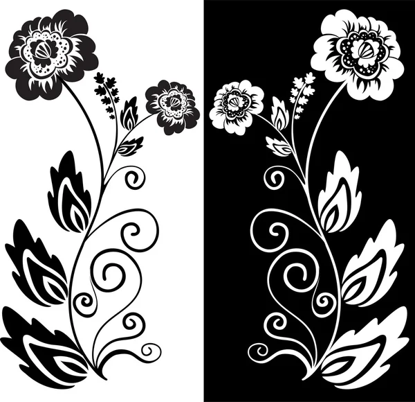 Set Două Flori Alb Negru Trase Manual — Vector de stoc
