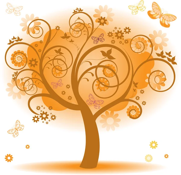 オレンジ色の葉と蝶ファンタジーのツリー — ストックベクタ