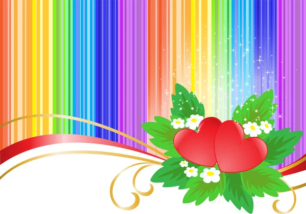 Two Hearts Striped Rainbow Background Sparkles — Stockový vektor