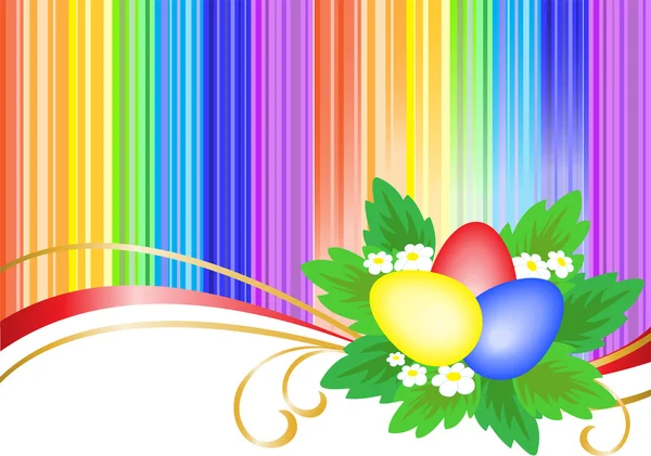 Three Multi Colored Easter Eggs Bright Rainbow Background — Stock Vector