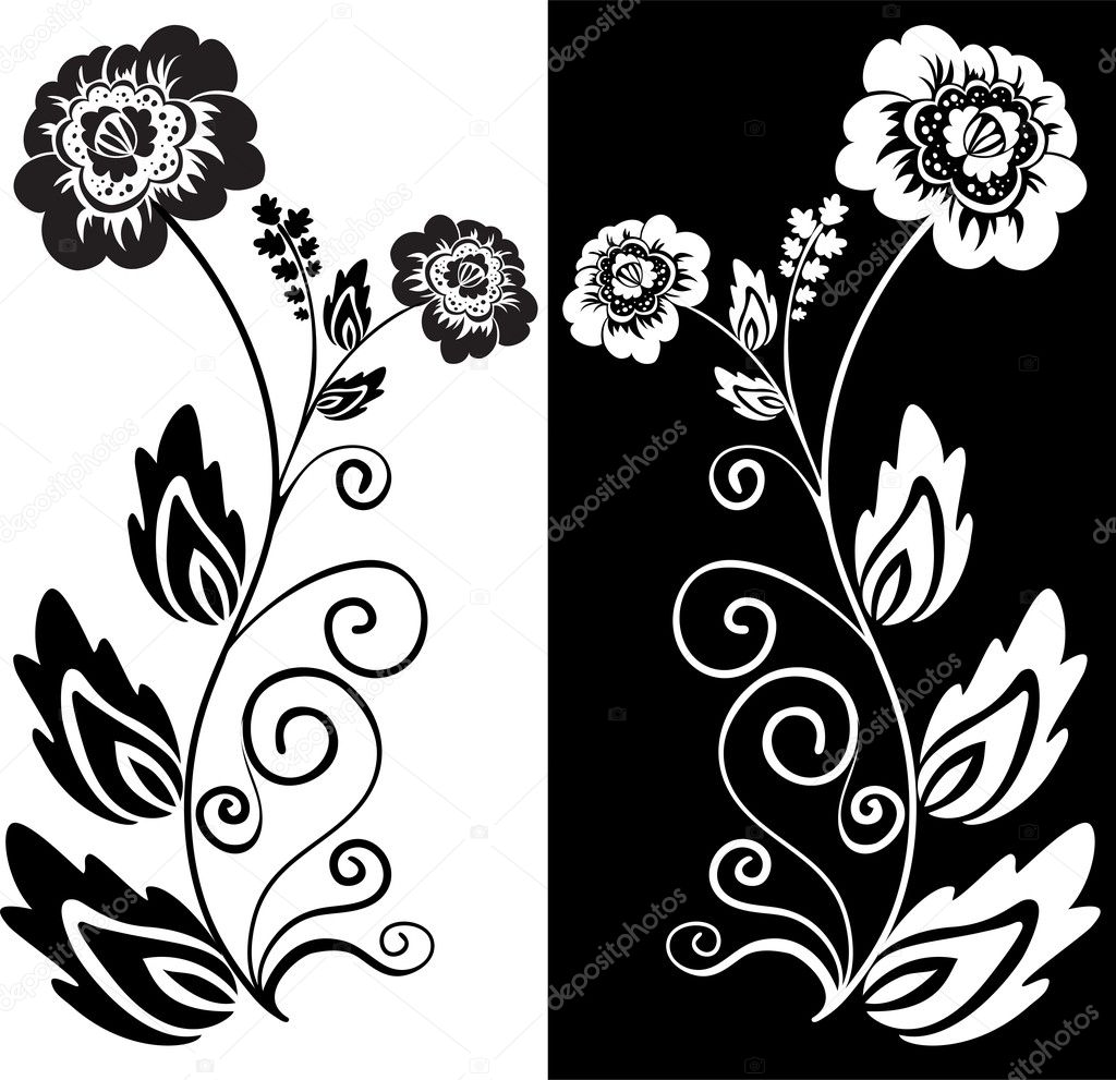 Set of two black and white hand-drawn flowers