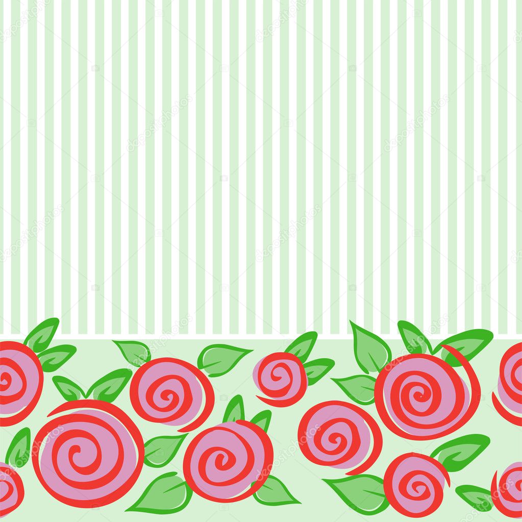 Green seamless horizontal pattern with roses and stripes