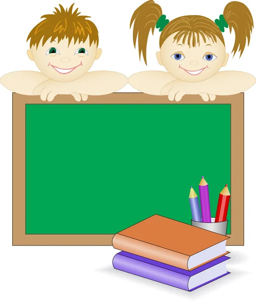 Niños de la junta escolar, y libros — Vector de stock