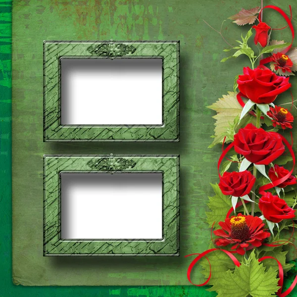 Card for congratulation or invitation with red roses and frame — Stock Photo, Image