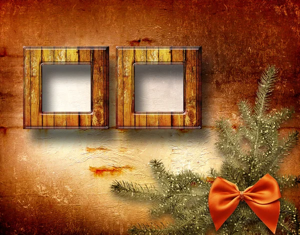 Festive invitation or greeting with firtree and bow — Stock Photo, Image