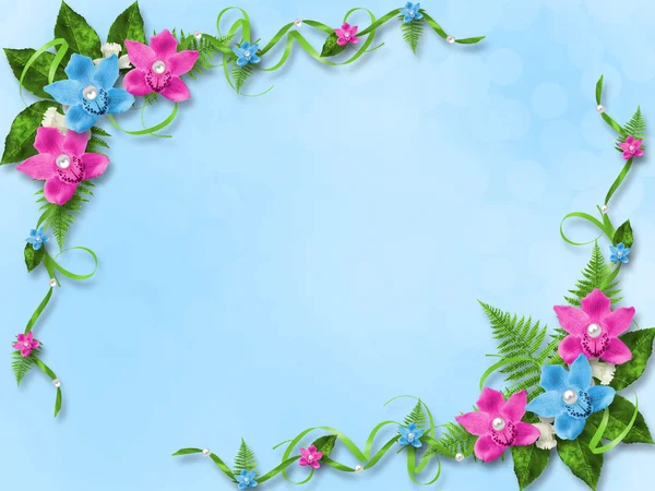 Карточка на приглашение или поздравление с голубыми и розовыми орхидеями — стоковое фото