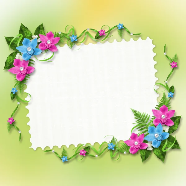 Karte für Einladung oder Gratulation mit blauen und rosa Orchideen — Stockfoto
