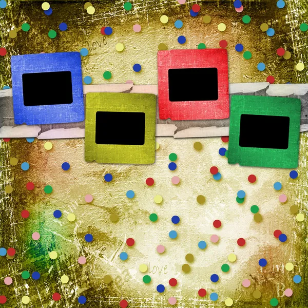 Grunge papier dia's op de abstracte achtergrond met confetti — Stockfoto