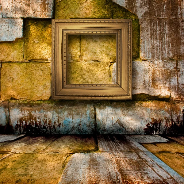 The old stone room with wooden picture frames in Victorian style — Stock Photo, Image