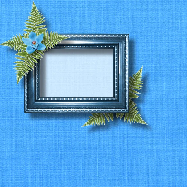 Träram för foto med blå orkidéer och gröna fern — Stockfoto