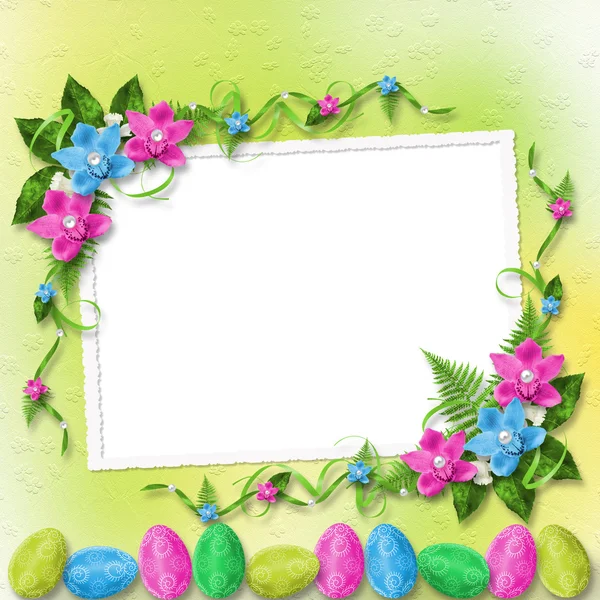 Παστέλ Φόντο Χρωματιστά Αυγά Και Ορχιδέες Γιορτάσουν Πάσχα — Φωτογραφία Αρχείου