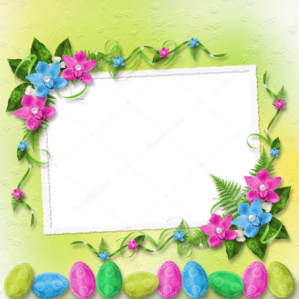 Pastel background with colored eggs and orchids to celebrate Easter