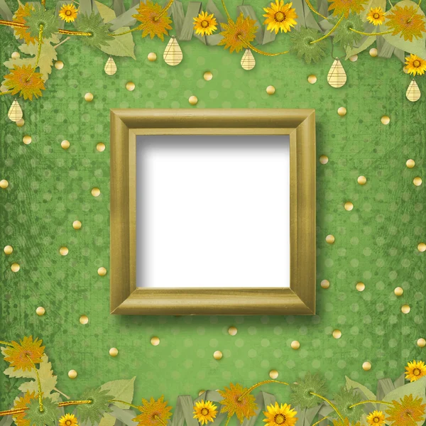 束鲜花抽象背景上的木制框架 — 图库照片