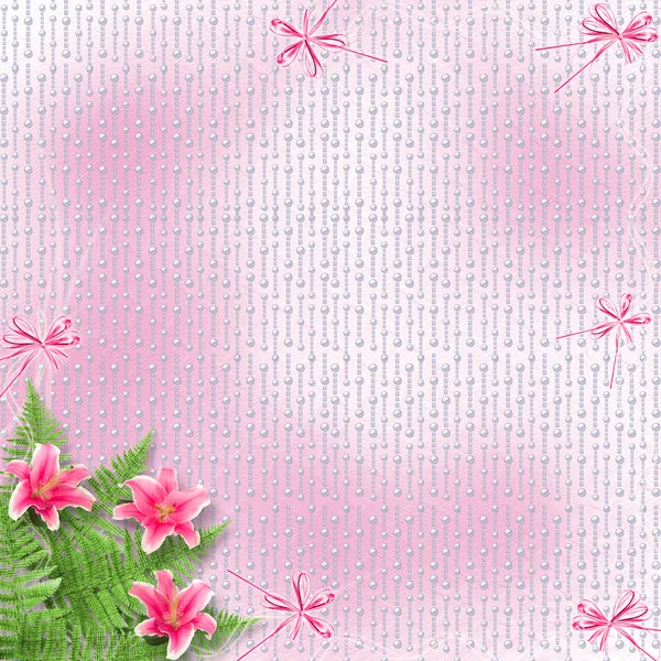 Card for invitation or congratulation with pink lilies — Stok fotoğraf