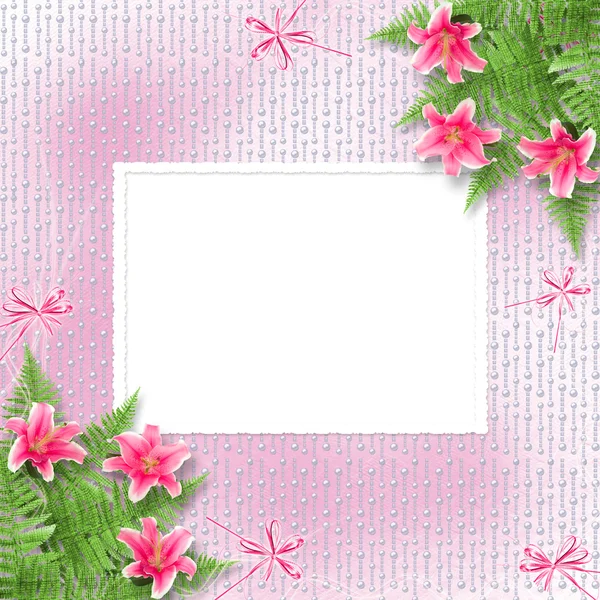 Tarjeta para invitación o felicitación con lirios rosados —  Fotos de Stock