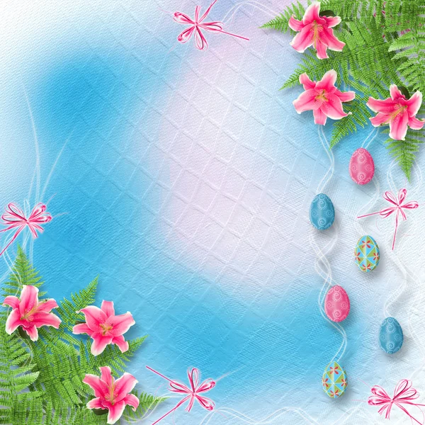 Pastel background with colored eggs and lilies to celebrate East — 스톡 사진