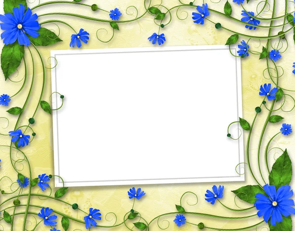 Proficiat aan de vakantie met frame en blauwe bloemen — Stockfoto