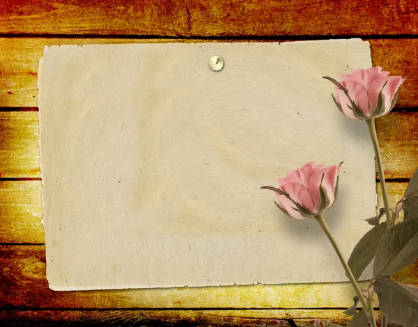 ピンクのバラは美しいと風化させた木製の板 — ストック写真