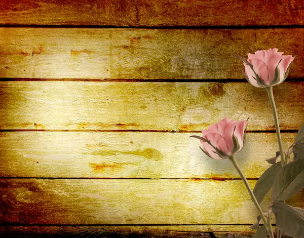 Väderbitna träplankor med rosa vackra rosor — Stockfoto