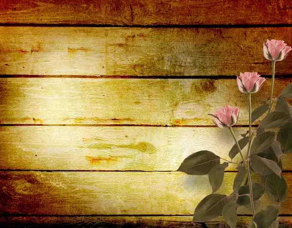 Tábuas de madeira desgastadas com rosas rosa bonitas — Fotografia de Stock