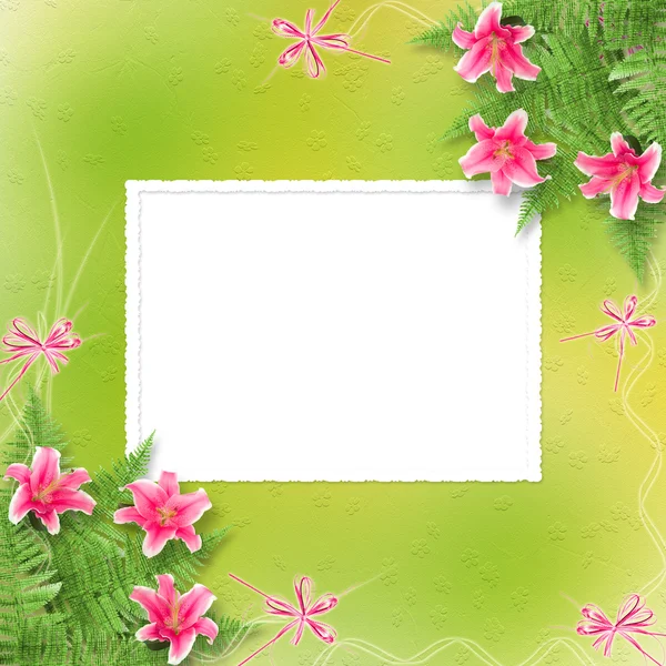 招待状やピンクのユリとお祝いカード — ストック写真