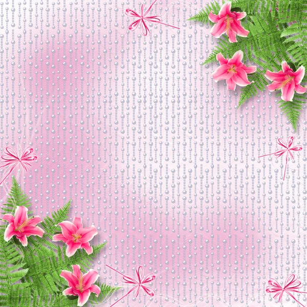 Cartão de convite ou congratulação com lírios rosa — Fotografia de Stock