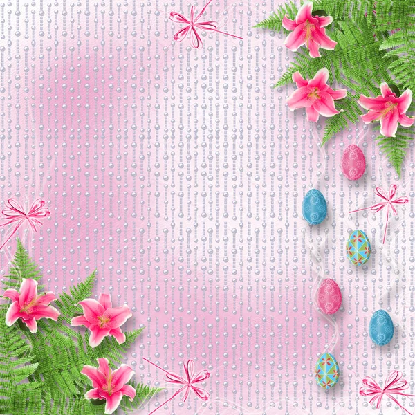 Pastel background with colored eggs and lilies to celebrate East — Stock Photo, Image